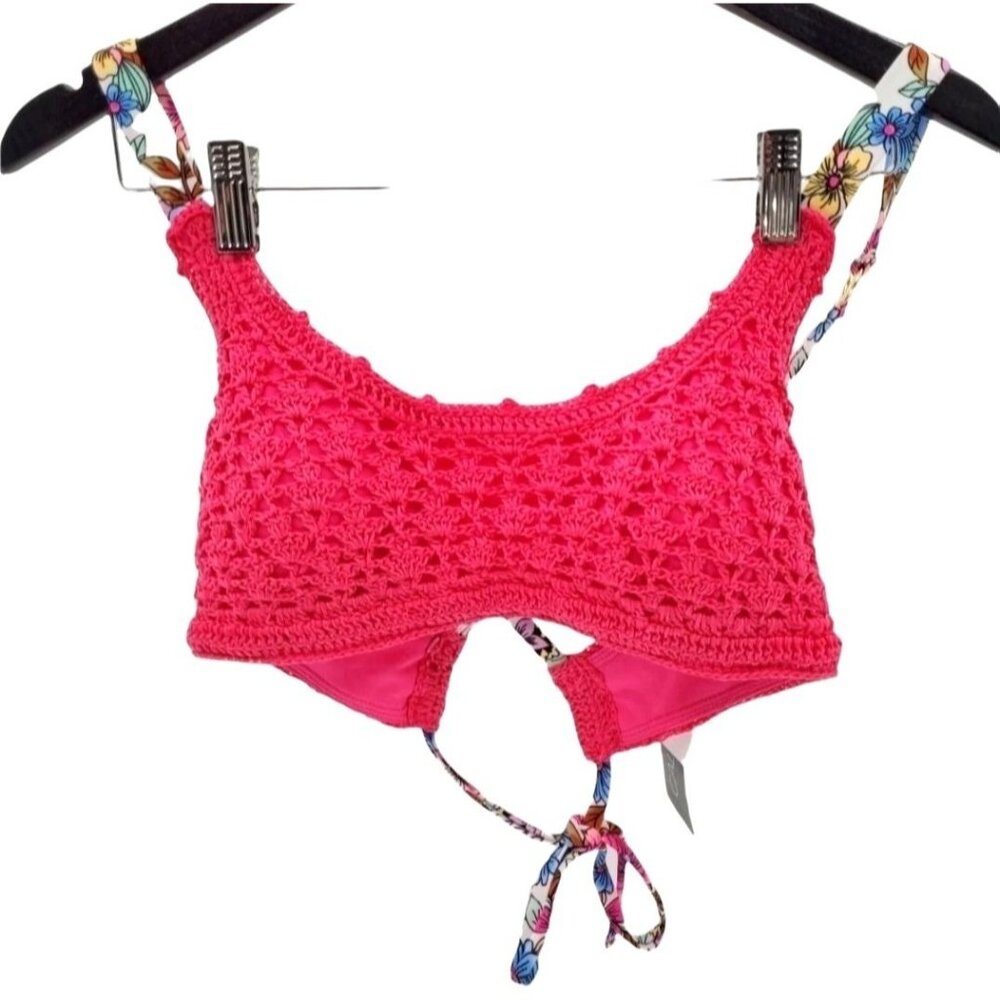 California Waves Large Bikini Top Neon Pink Retro Knit Crochet Bralette Swimwear - Picture 2 of 12